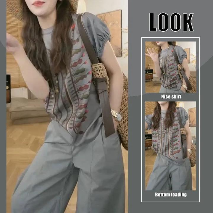 时尚套装欧洲站2025夏季新款洋气显瘦短袖T恤百搭高腰纯色休闲裤