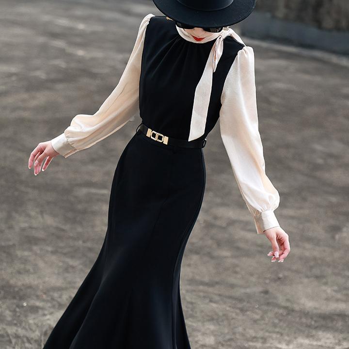 【沐紫】2024秋季女装名媛优雅长袖拼接显瘦黑色鱼尾连衣裙子2015