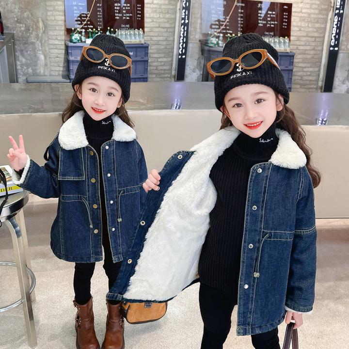 女童牛加绒仔外套秋冬款2024新款儿童冬装洋气宝宝收腰保暖派克服