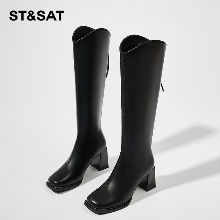 星期六过膝冬季长筒靴棕色厚底高筒靴复古黑色长靴显瘦女靴骑士靴
