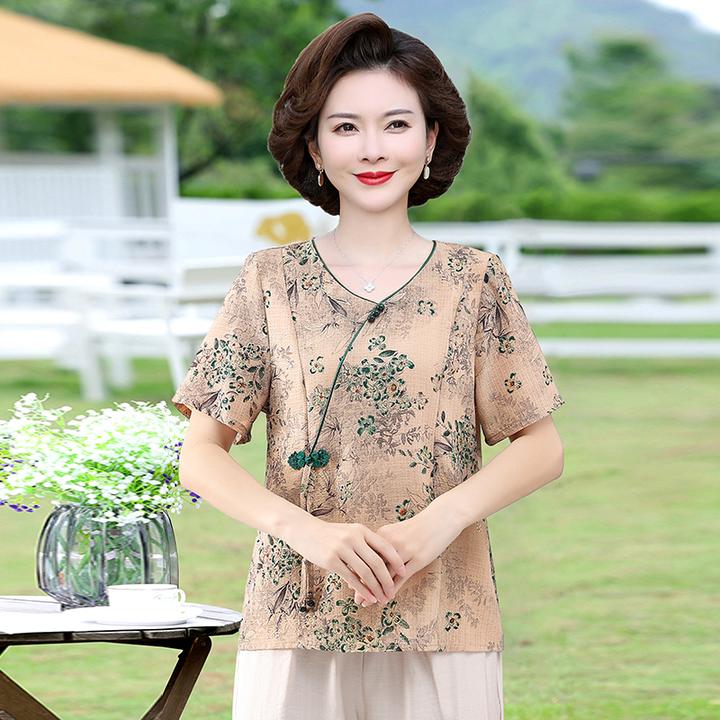2023年新款夏季妈妈装碎花新中式V领国风时尚宽松大码短袖套装