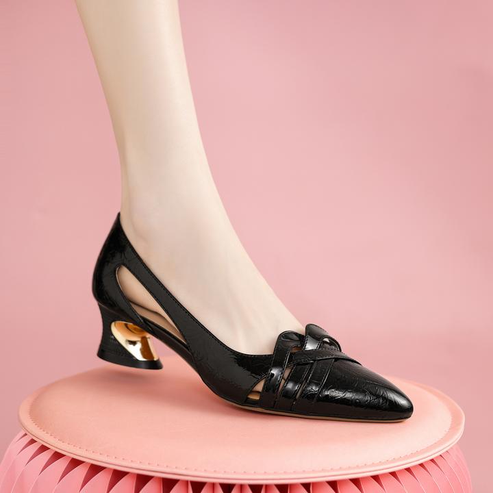 2025年气质高跟鞋单鞋白色凉鞋时尚女士镂空尖头x07-H55粗跟真皮