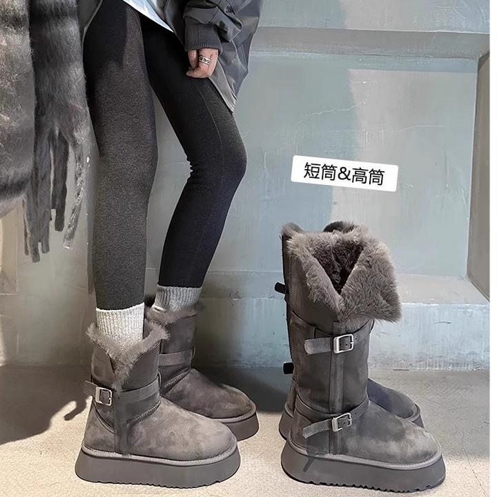 灰色短筒雪地靴女2024冬季新款厚底增高加绒加厚长筒保暖雪地棉鞋