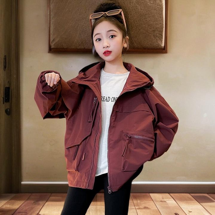 女童装网红风衣女童洋气宽松外套儿童韩版抽绳2024秋冬季风衣潮酷