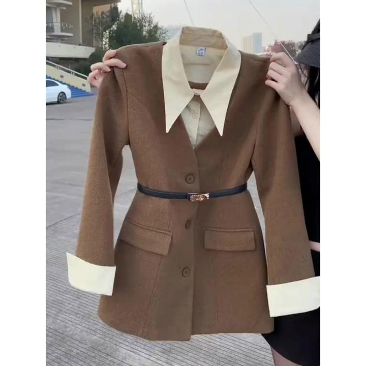 韩版假两件衬衫拼接西装外套女秋冬2024新款感洋气中长款西服上衣