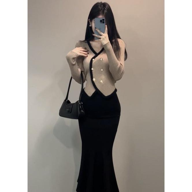 2024秋季显瘦气质长袖法式时尚衫开衫毛衣黑色洋气鱼尾裙两件套潮