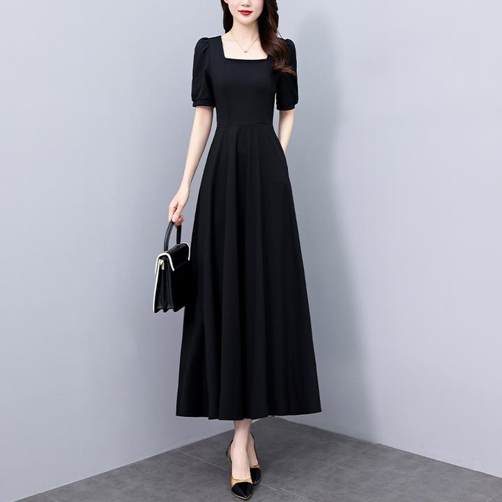 新中式赫本风黑色连衣裙女长款2025夏季新款大码收腰显瘦小黑裙子
