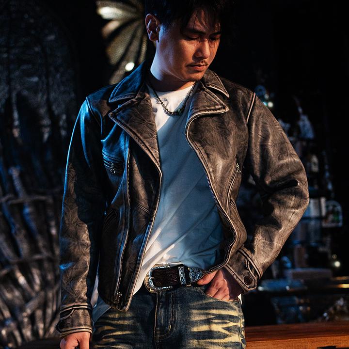 莫臣新品 做旧水洗褪色小牛皮机车夹克骑行蓝色皮衣外套男装G915