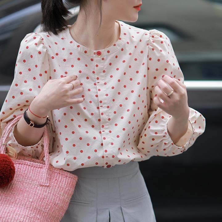 时尚新款红色长袖气质百搭波点上衣衬衫小众设计感女装炸街衣服