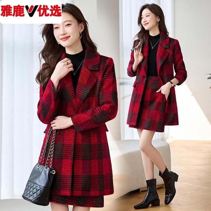 雅鹿优选时尚格子西装两件套裙2024年新款冬季御姐女神范外套性感