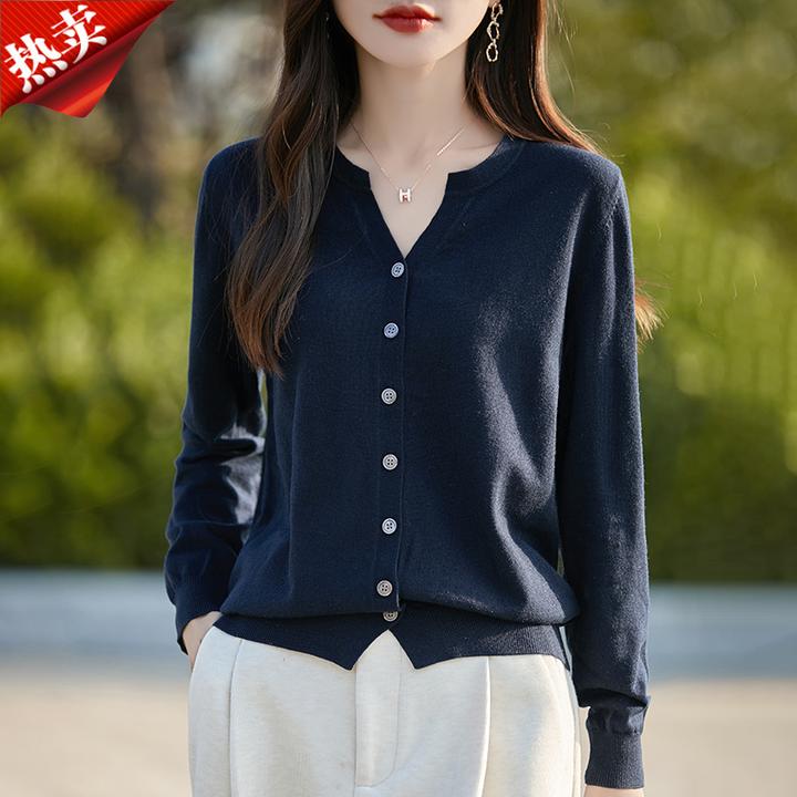 2024新款V领长袖针织衫女安可拉红色喜庆简约开衫外套上衣短款秋