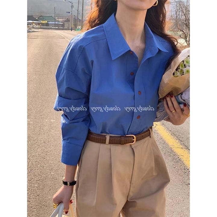 韩版克莱因蓝长袖衬衫女春季2025新款港味衬衣设计感小众宽松上衣