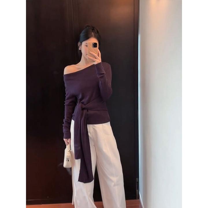 紫色不规则绑带露肩长袖t恤女2024早秋独特收腰设计感一字肩上衣