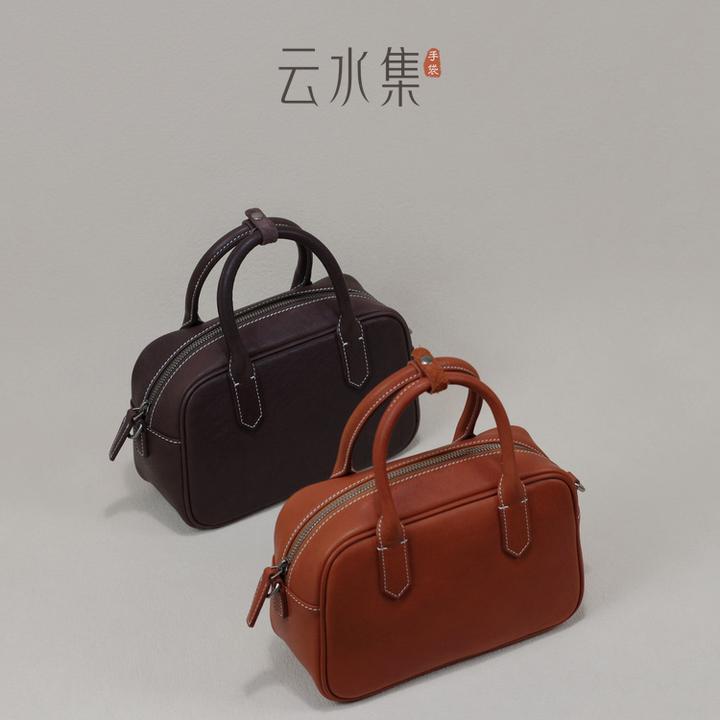 云水集头层植鞣牛皮保龄球包文艺小众高级感真皮手提单肩斜挎包软
