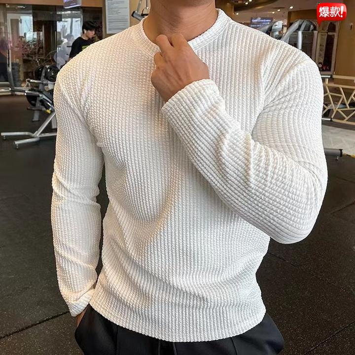 新款秋冬肌肉潮流绞花编织运动Tt恤修身男抗皱上衣跑步训练打长袖