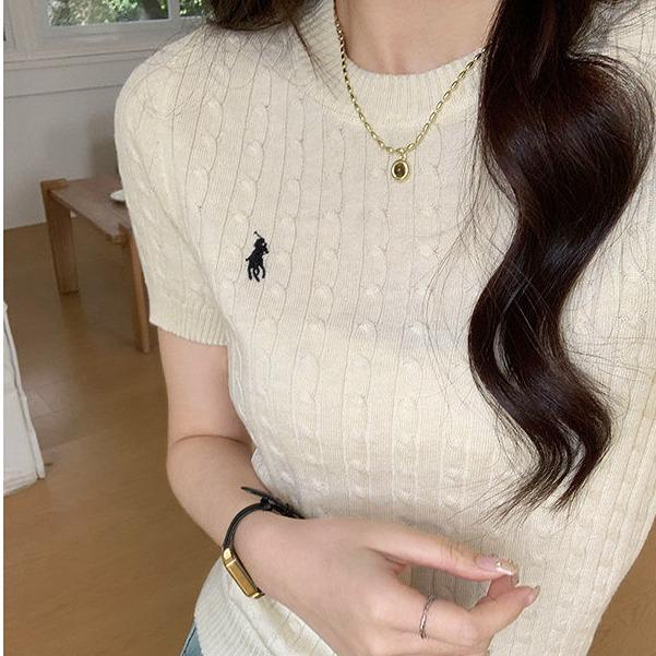 灰色刺绣麻花针织短袖正肩t恤女夏季修身设计感圆领薄款气质上衣