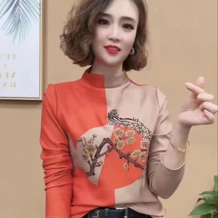 2024新品时尚洋气百搭半高领一体拉绒长袖减龄打底衫女士上衣#762