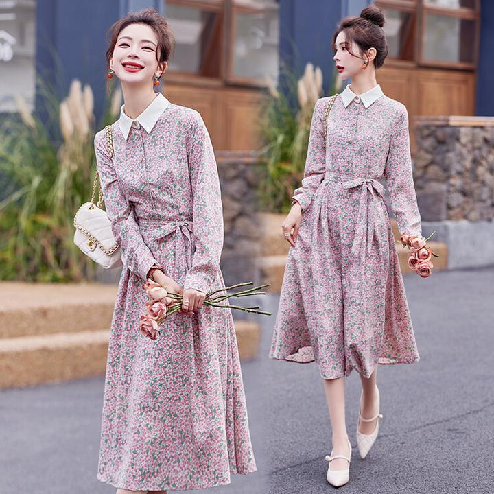 2024春夏气质印花长裙娃娃领收腰显瘦韩版新款长袖连衣裙 SY2513