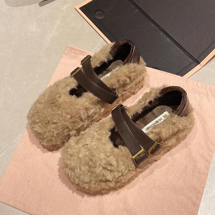 玛丽珍毛毛鞋女秋冬外穿2024新款平底软底羊羔绒豆豆鞋加绒瓢鞋子