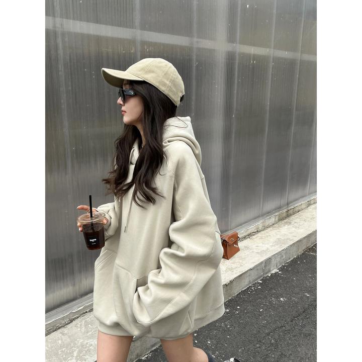 美式复古慵懒风连帽卫衣加绒外套女秋冬oversize港风复古宽松上衣