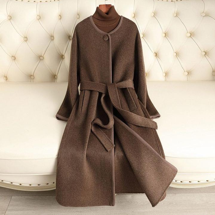 2024秋冬新款双面绵羊毛大衣长款过膝系带修身高级感气质毛呢外套