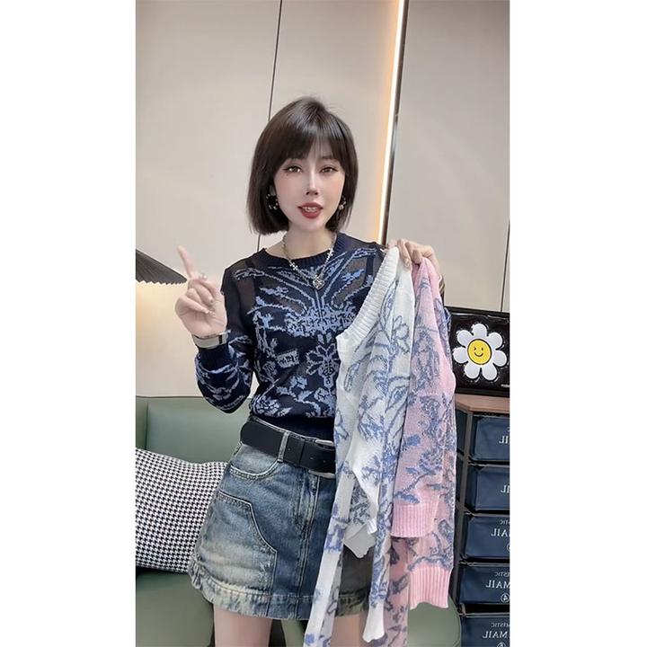 欧洲站新款设计感洋气图案针织长袖修身显瘦百搭气质内衬复古上衣