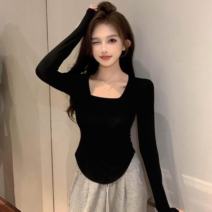 方领上衣女白色打底衫内搭2025新款秋冬正肩t恤低领收腰显瘦长袖