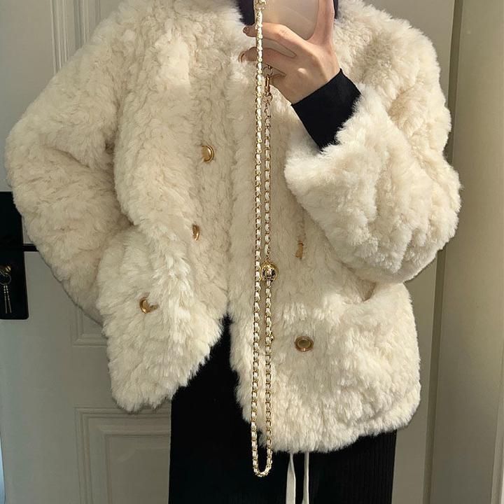 小香风羊羔毛外套女2023冬季新款小个子宽松加厚白色毛毛上衣棉服