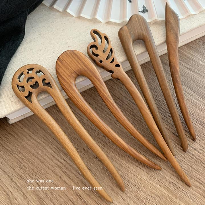 新中式u形发簪女高级感古风盘发簪子发饰碎发卡木质发钗复古头饰