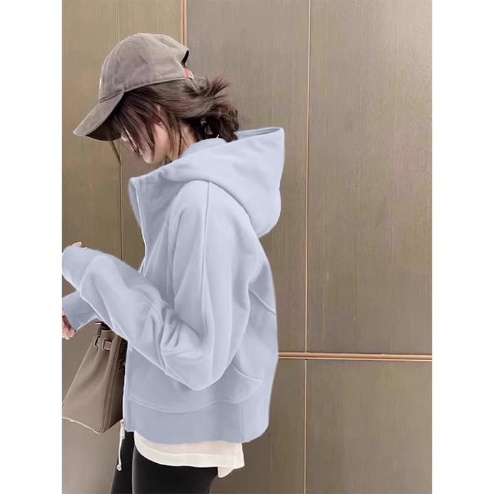 蓝色短卫衣外套女2025初秋新款连帽卫衣chic小个子秋季休闲卫衣女