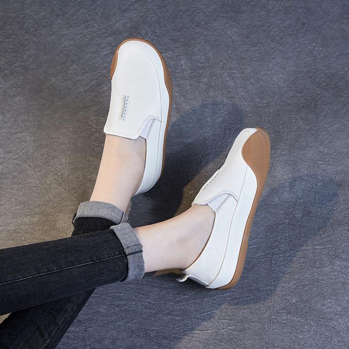 真皮小白鞋女春秋百搭软底皮面一脚蹬板鞋舒适乐福鞋厚底休闲单鞋