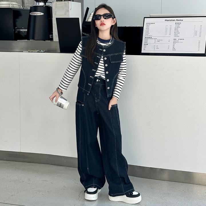 女童春秋装儿童时髦韩版条纹打底衫女孩牛仔马甲阔腿裤炸街三件套