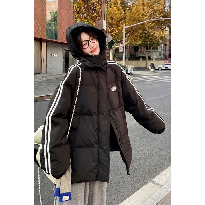 黑色羽绒棉服女冬季2024新款韩系宽松学院风情侣百搭连帽加厚棉袄
