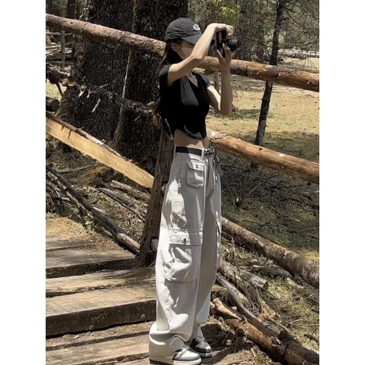 品牌美式复古沙白色工装裤女夏季高腰宽松休闲设计感小众阔腿拖