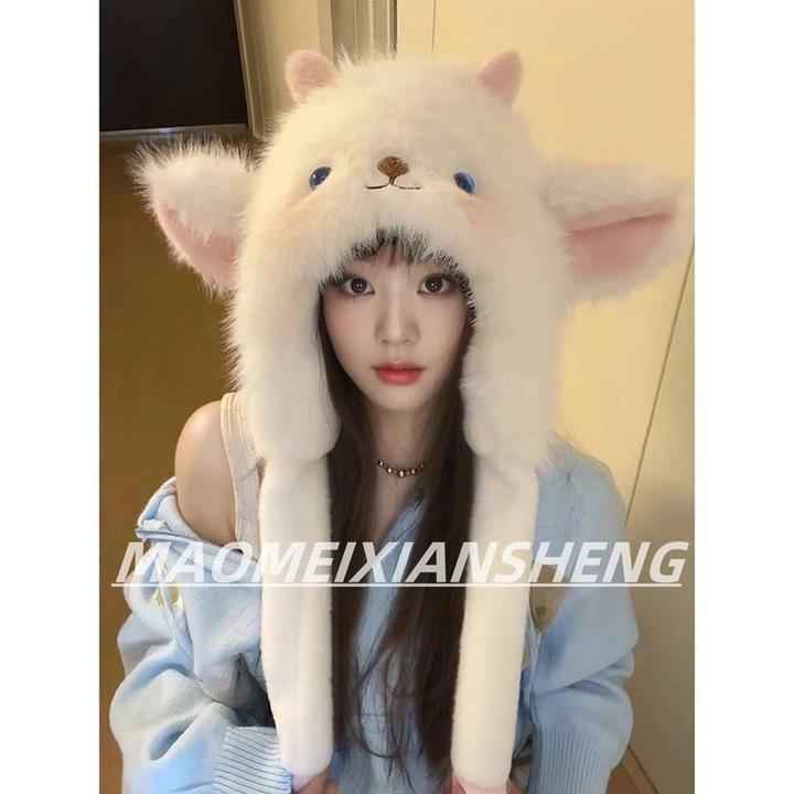 MEOMEIXIANSHENG原创卡通小羊加绒加厚毛线帽女保暖捏捏耳朵会动