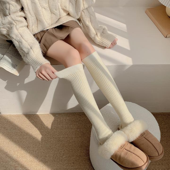 【羊毛小腿袜/过膝袜】冬季保暖纯色羊毛拉毛简约百搭白色堆堆袜