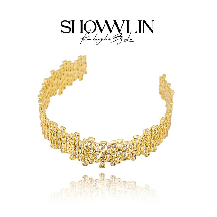 ShownLin 铜合金合成锆石项链 金色竹节开口颈链时尚轻奢气质小众