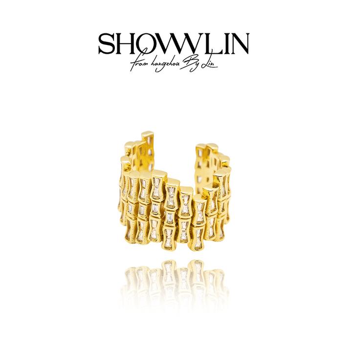 ShownLin 铜合金合成锆石戒指 金色竹节可调节戒指轻奢个性设计感