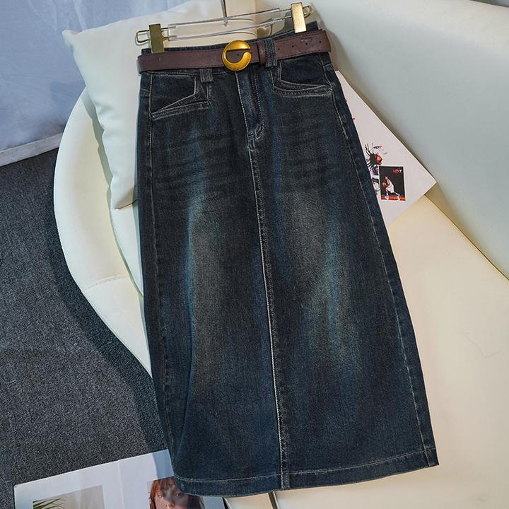 水泥灰牛仔半身裙女2024秋季新款高腰显瘦春秋后开叉休闲中长款裙