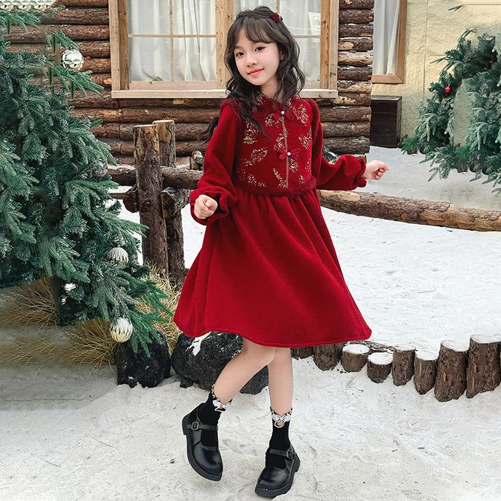 国风女童连衣裙秋冬2024新款儿童拜年服裙子女大童红色汉服公主裙