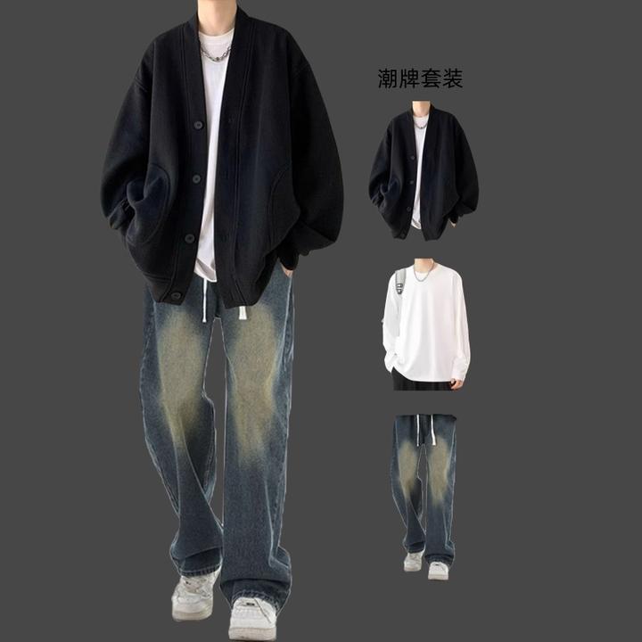 华夫格慵懒风春秋男生外套男套装冬季痞帅开衫外套搭配牛仔裤一套