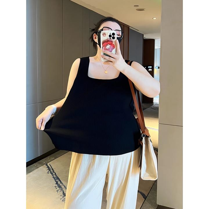 胖mm春季新品百搭多色宽肩带U领内搭背心宽松通勤针织遮肉吊带女