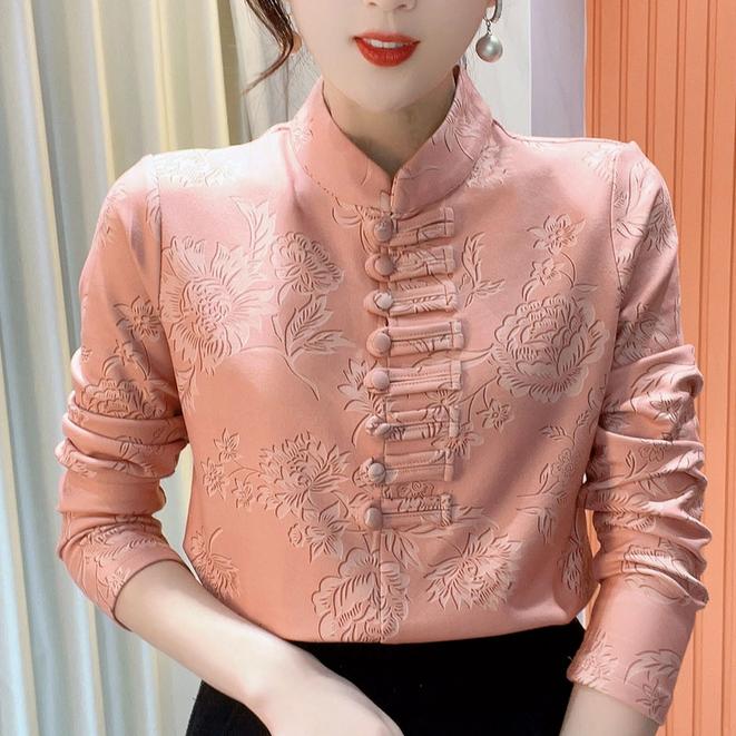 2024冬季新款立领印花气质百搭时尚长袖减龄加绒打底衫上衣女588