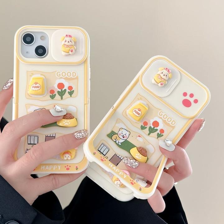 推拉窗立体小狗iPhone13手机壳苹果14promax支架12Pro防摔11卡通