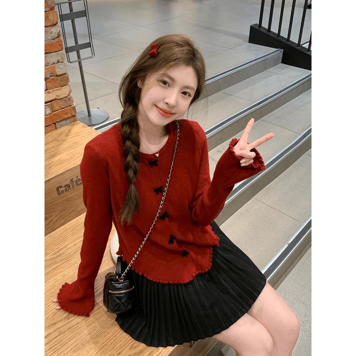 【现货】新年穿搭蝴蝶结扣开衫女温柔别致宽松长袖针织衫上衣E1-20