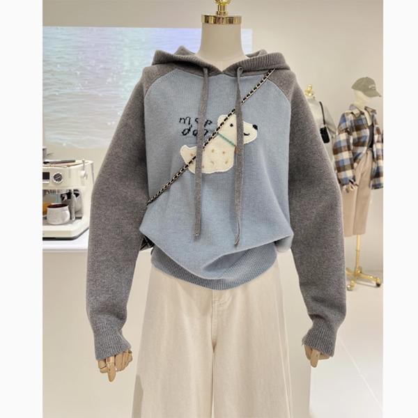 撞色卡通连帽毛衣外套女秋冬2024新款韩版宽松慵懒风软糯针织卫衣
