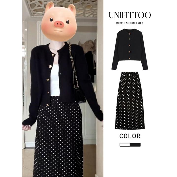 黑色波点连衣裙子女装2024初秋季新款小个子香风早秋穿搭一整套装