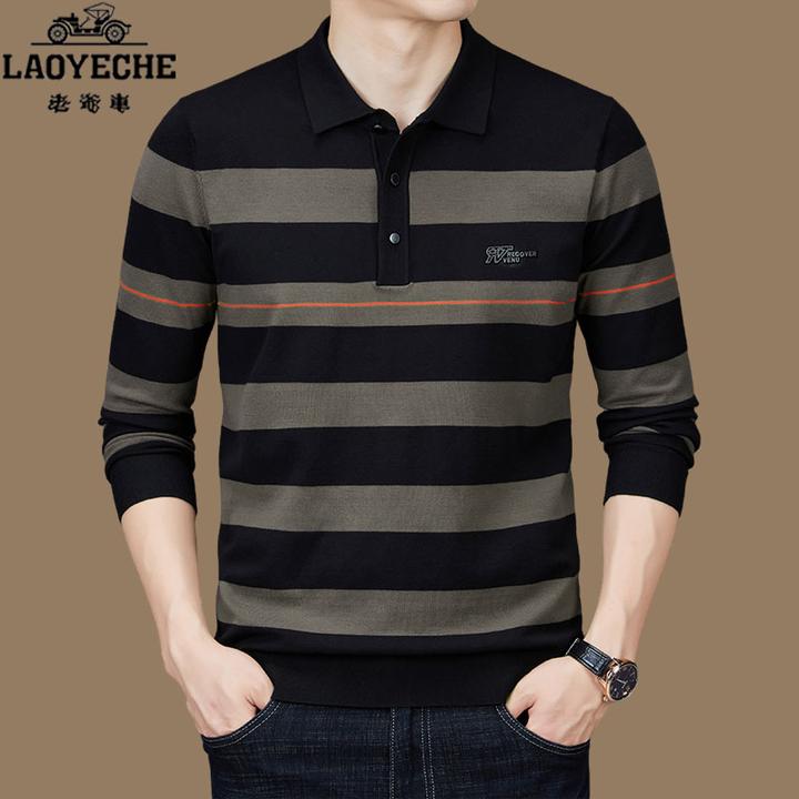 【正品老爷车】高端男士polo衫春秋季条纹长袖翻领上衣商务休闲t恤
