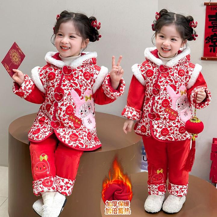 拜年服女童加绒加厚唐装套装冬季儿童女宝宝中式红色喜庆国风套装