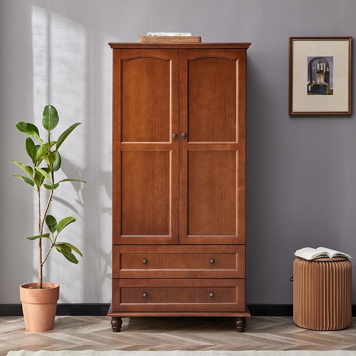 实木美式乡村小型两门衣柜家用卧室松木衣橱免安装小户型收纳柜
